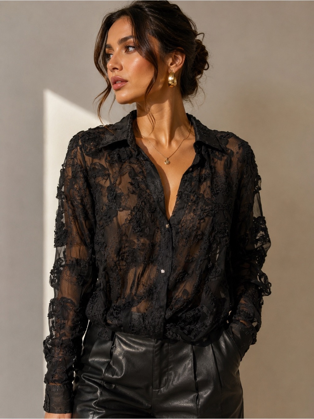 Zara Black Sheer Floral Embroidered Blouse- M